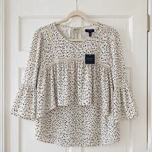 NWT Kaari Blue Printed Peplum Blouse 3/4 Bell Sleeve Cream Black Women’s